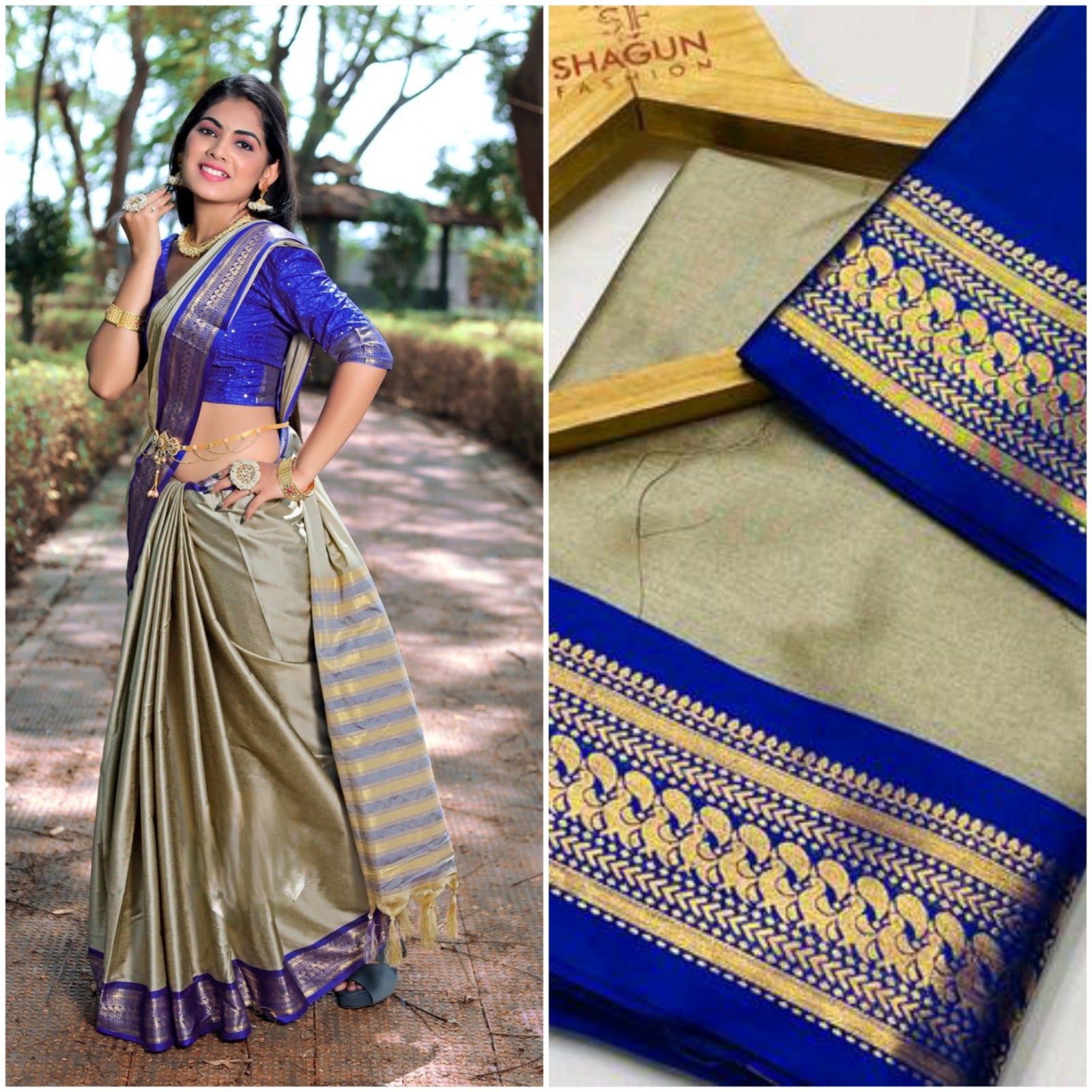 Designer Cottan Silk Saree CHIKU-BLUE