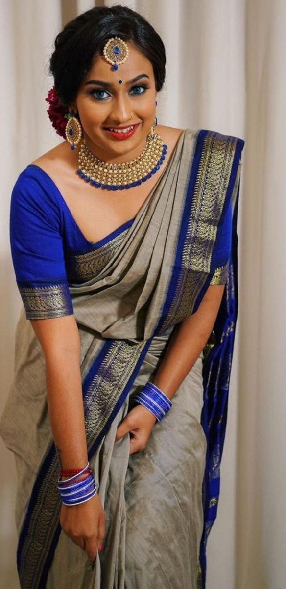 Designer Cottan Silk Saree CHIKU-BLUE