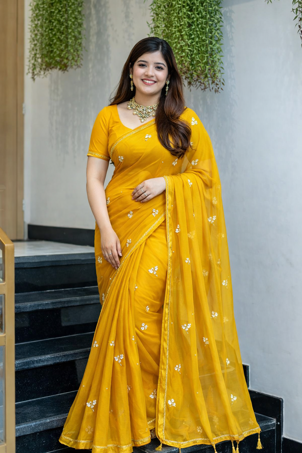 Mustard Bloom Chiffon Saree