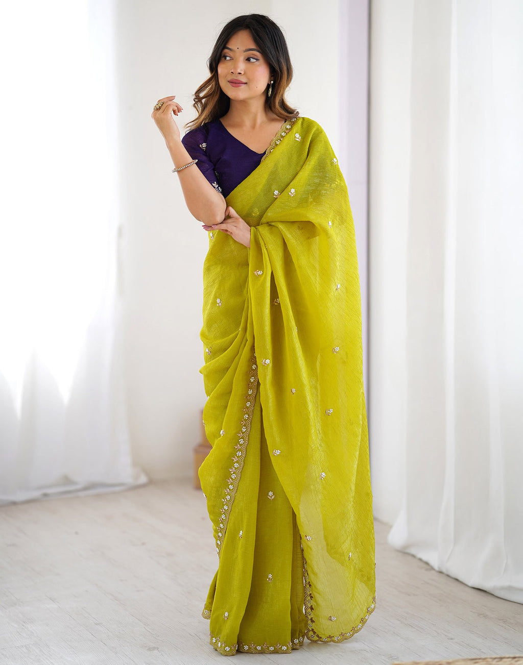Green Chiffon Embroidery Saree